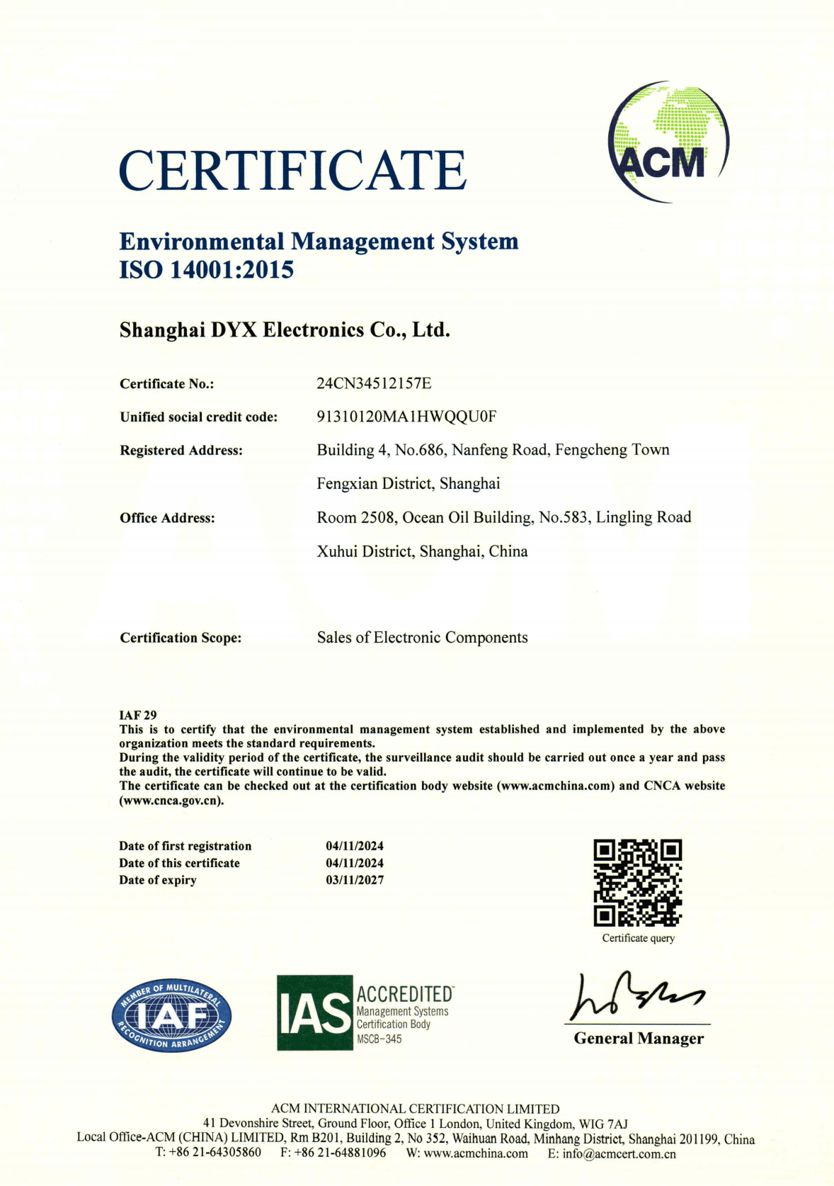 ISO 14001:2015 certificate